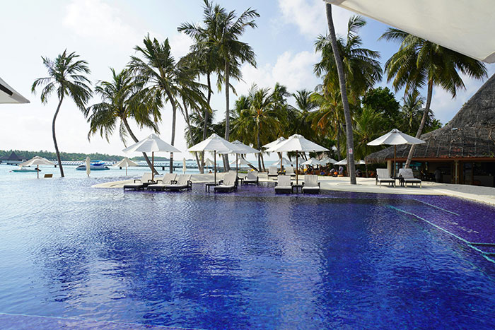 Luxury tropical resort pool with lounge chairs and umbrellas, illustrating experiences ultra rich individuals can afford.