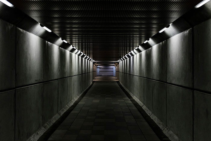 Dimly lit tunnel with concrete walls and ceiling lights, symbolizing exclusive access only ultra rich individuals can afford.