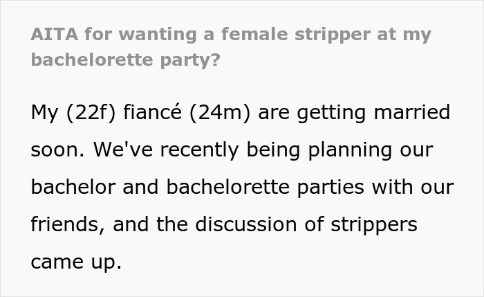 “Wouldn’t Explain How”: Man Upset His Fiancée Wants A Female Stripper At Her Bachelorette “Wouldn’t Explain How”: Man Upset His Fiancée Wants A Female Stripper At Her Bachelorette