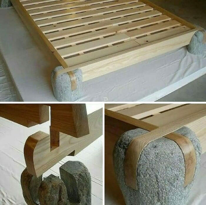 Woodworking project featuring a bed frame with stone legs and wooden slats, showcasing unique craftsmanship and design.