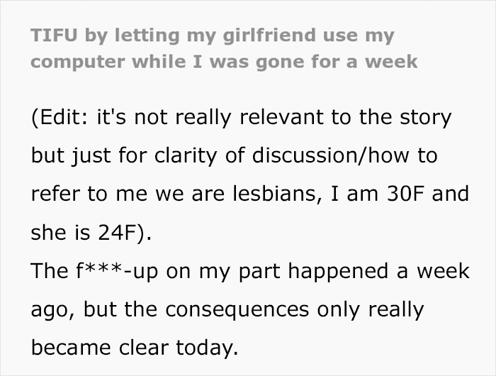 "The Consequences Only Really Became Clear Today": Woman Lets Her GF Use Her PC, Regrets It "The Consequences Only Really Became Clear Today": Woman Lets Her GF Use Her PC, Regrets It