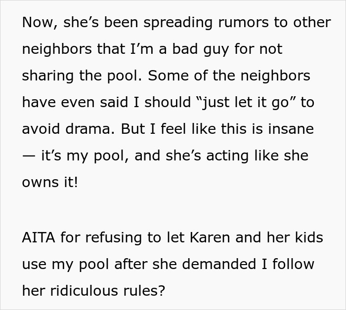 Text excerpt about neighbor’s pool dispute, highlighting Karen using neighbor’s pool and demanding rules to follow. Text excerpt about neighbor’s pool dispute, highlighting Karen using neighbor’s pool and demanding rules to follow.