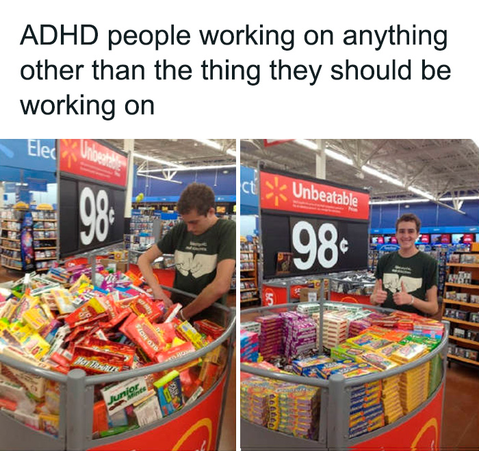 Person with ADHD distracted by candy in a store, standing by a 98-cent bin full of colorful sweets.