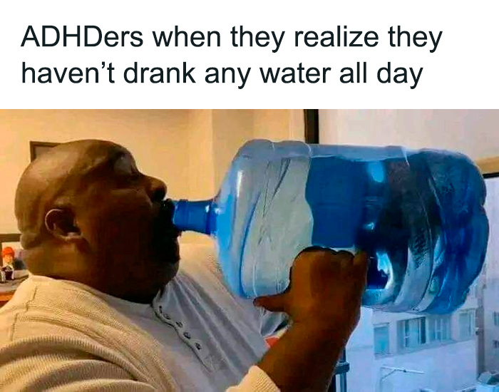 A man with ADHD humorously drinking from a large water jug, depicting relatable ADHD behavior.