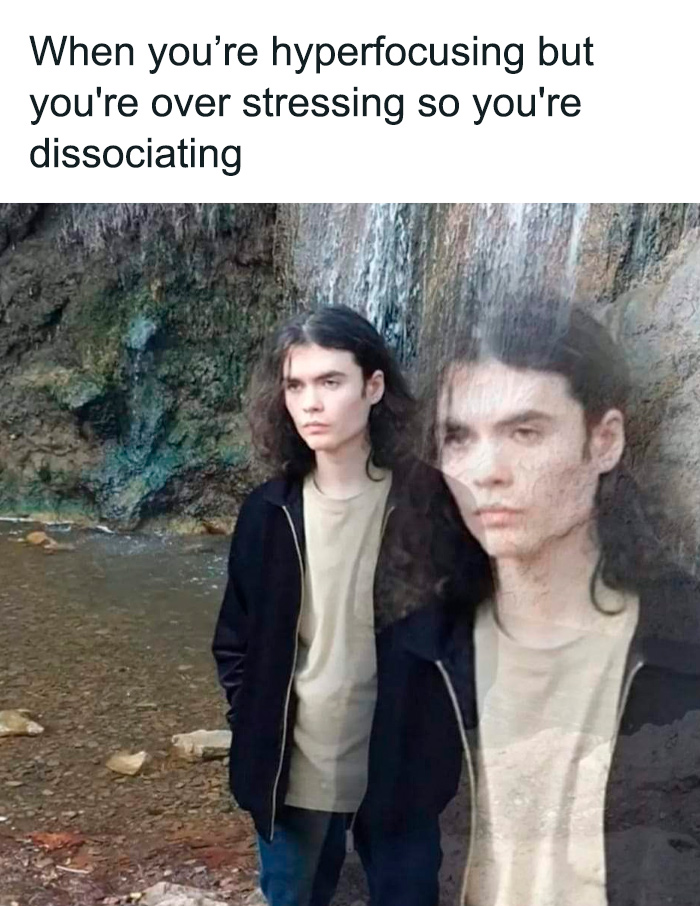 Person standing in nature with a transparent double image, illustrating ADHD through relatable meme humor.