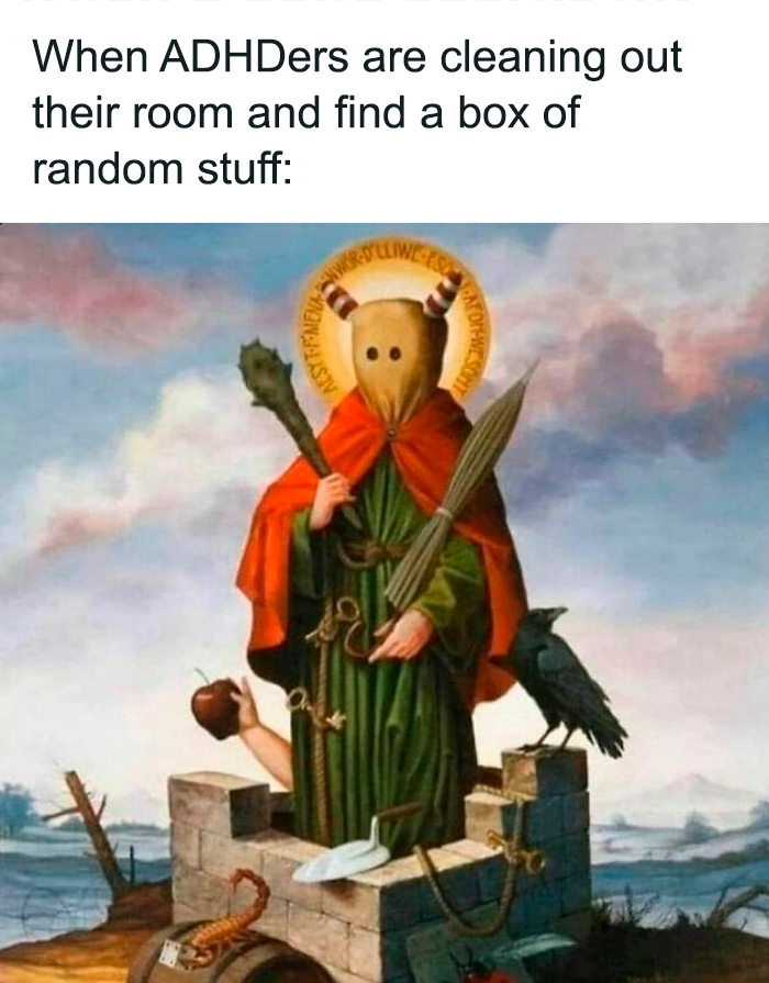 Medieval-style painting humorously depicting an ADHD meme with whimsical elements and random objects.