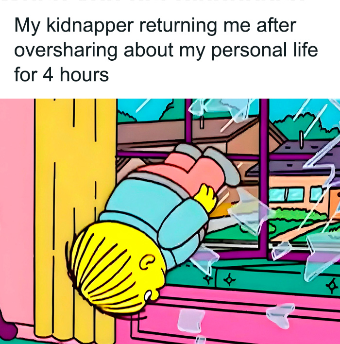 Cartoon character humorously flying out a window, depicting relatable ADHD meme about oversharing personal stories.