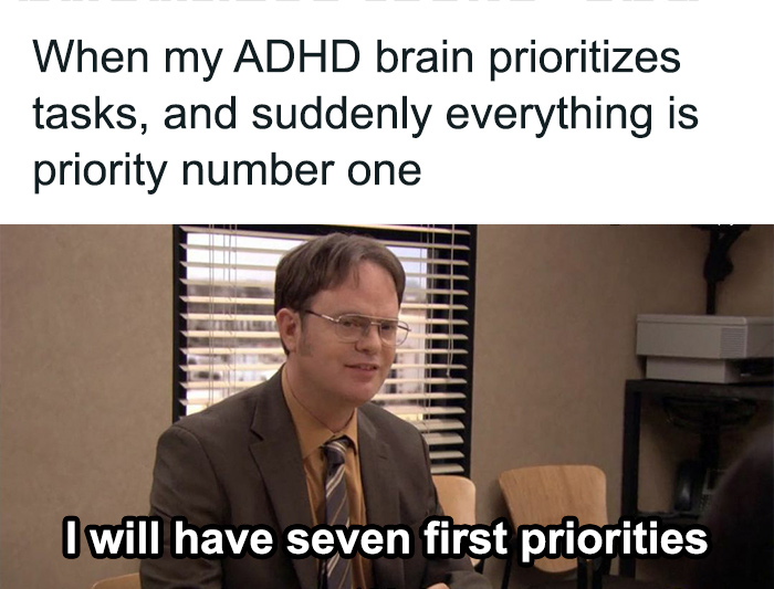 Man in office attire humorously expressing ADHD distraction with seven priorities at once.