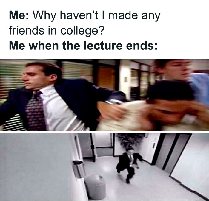 Meme showing a man rushing and avoiding social interaction, illustrating funny and relatable memes about introverts.