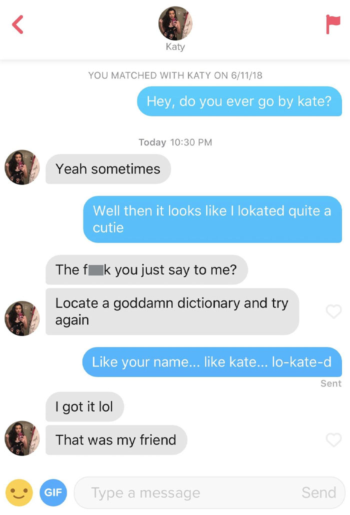 Awkward text message conversation with a humorous confusion about a name pun.