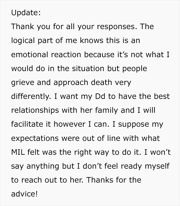 Woman Whose Mom Passed Feels It's Bizarre MIL Didn't Reach Out At All, Thinks Of Cutting Her Off Woman Whose Mom Passed Feels It's Bizarre MIL Didn't Reach Out At All, Thinks Of Cutting Her Off