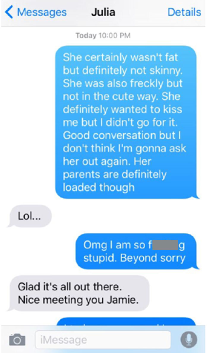 Awkward text message exchange revealing an accidental message sent to the wrong person.