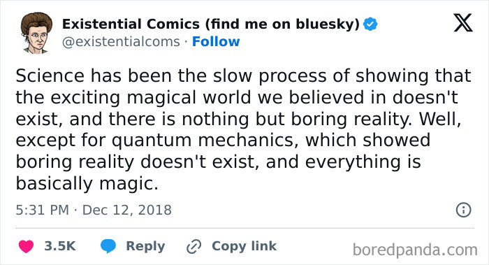 Screenshot of a tweet humorously explaining quantum mechanics blending science and humor in a witty way.
