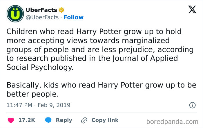 Tweet by UberFacts discussing positive impacts of reading Harry Potter on children's social views.