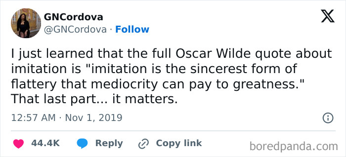 Screenshot of a tweet sharing a full Oscar Wilde quote about imitation, featured on a page with funny literary memes.