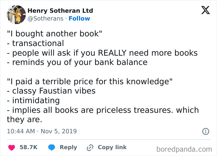Literary meme text comparing buying books to Faustian bargains, humor for book lovers and biggest book nerds.