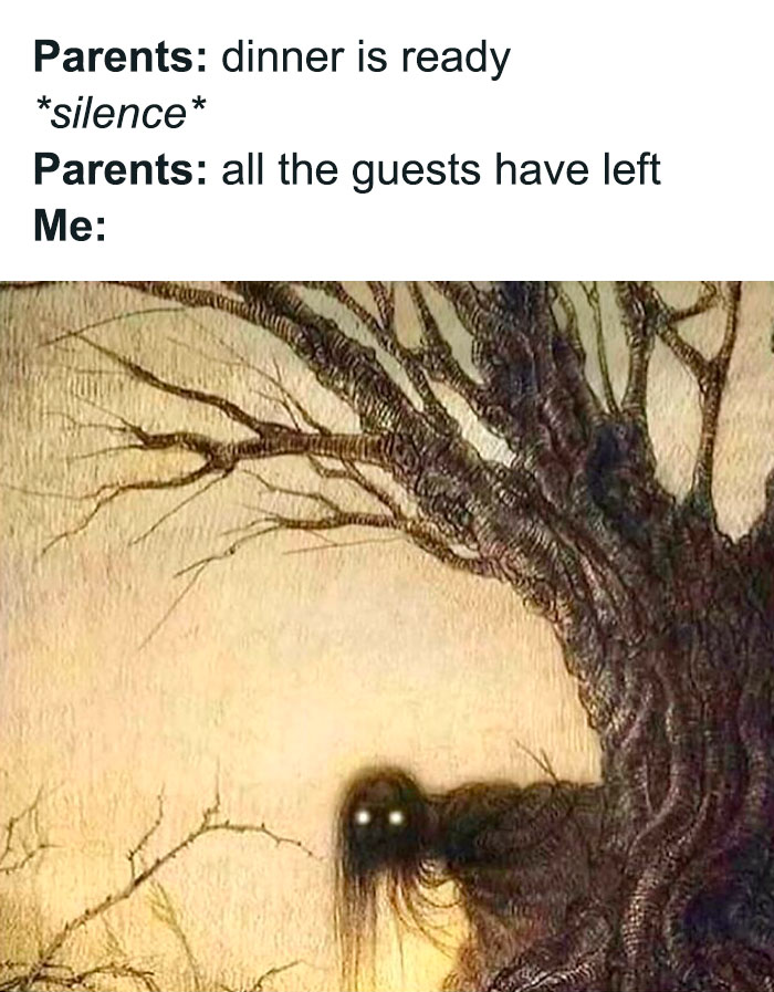 Dark eerie creature hiding by a tree, representing a funny and relatable introvert meme about avoiding social interaction.