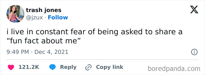 Tweet by trash jones about the fear of sharing a fun fact, illustrating relatable introvert memes and life humor.