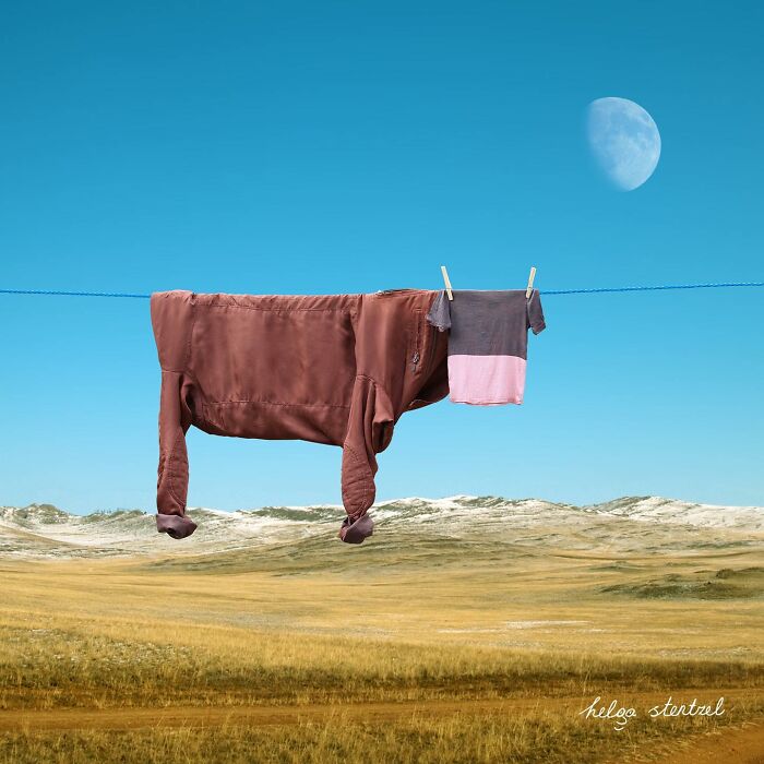 Artist created playful animal shaped from laundry hanging against picturesque landscape under blue sky with moon.