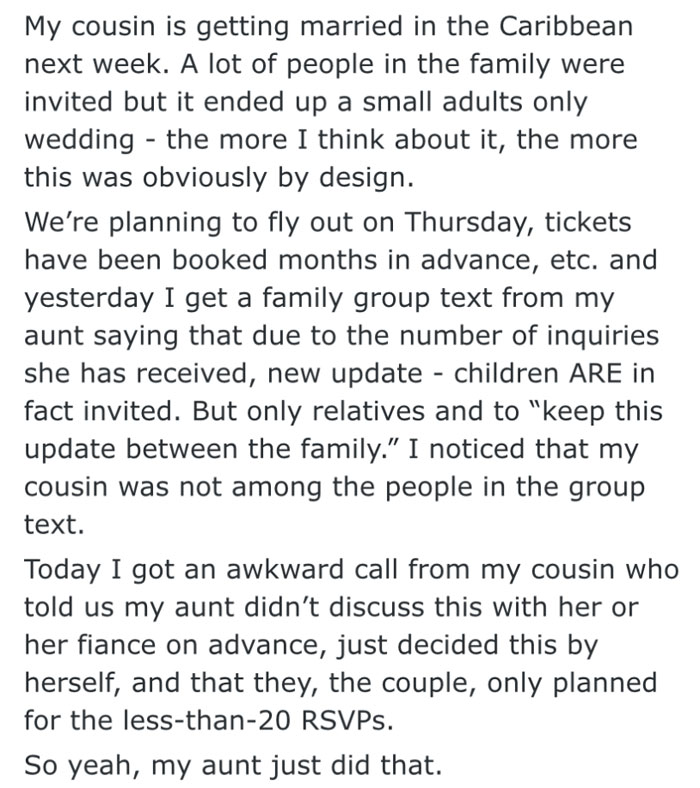 My Aunt Texted Us To Say That The Children Were Invited To My Cousin’s Destination Wedding After All, And Today My Cousin Called Everyone To Tell Us That Was Not The Case