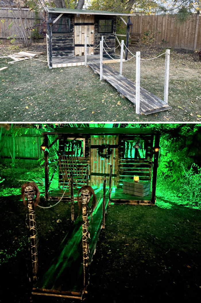 Build A Haunted Swamp House For Our Halloween Party. Turned Out Better Than Expected! Built Mostly From Old Pallets And Recycled Stuff I Had Already Sitting In My Garage