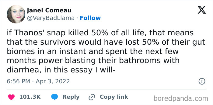 Tweet humor about Thanos' snap causing survivors to lose gut biomes, combining science and humor in memes and jokes.