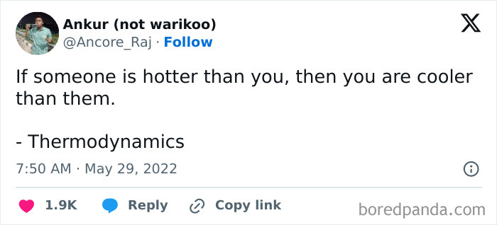 Tweet showing a thermodynamics joke combining science and humor about temperature and being cooler.