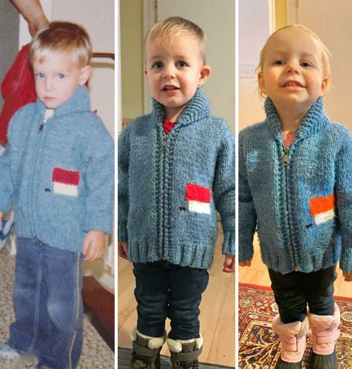 Me In My Snoopy Sweater In 1981, My Son In The Same Sweater In 2017, And My Daughter In The Same Sweater In 2020