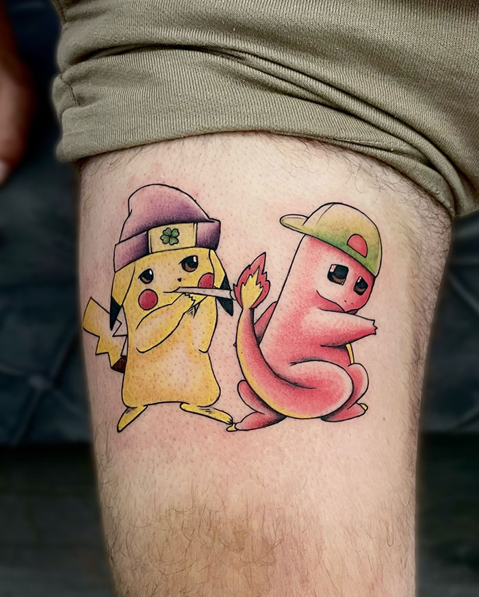  Playful tattoo ideas for men featuring Pikachu and Charmander wearing hats, each posing with casual street-style vibes, adding a fun and nostalgic twist to classic characters.