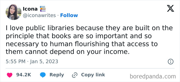 Screenshot of a tweet about the importance of public libraries and books shared on a funny literary memes Instagram page.