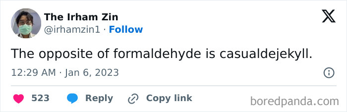 Tweet by The Irham Zin with a science humor meme about formaldehyde and casualdejekyll combining science and humor.