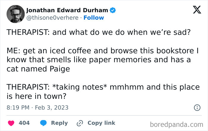 Twitter post showing a funny literary meme about coping with sadness by visiting a bookstore, appealing to book nerds.