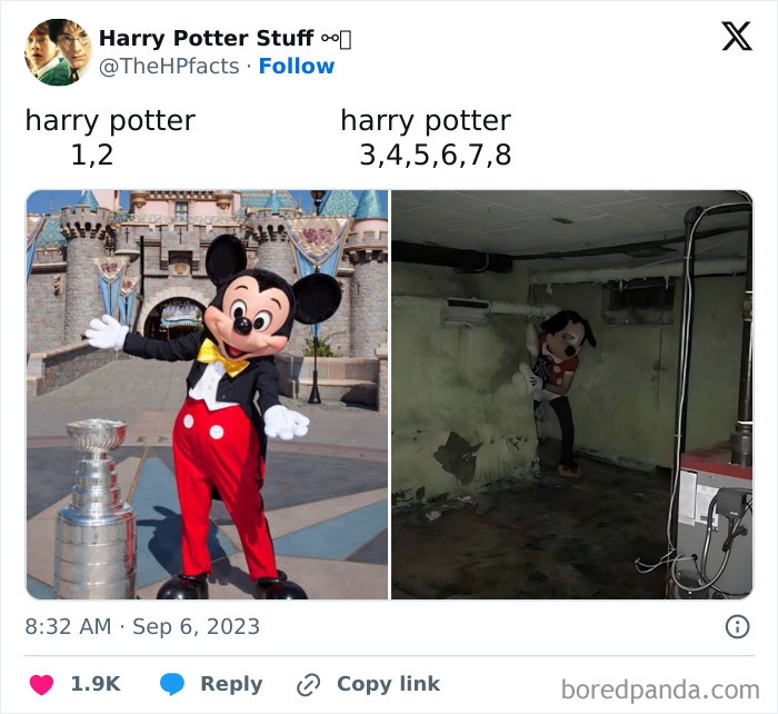 Mickey Mouse in a theme park versus a basement, humorously labeled as Harry Potter movies.