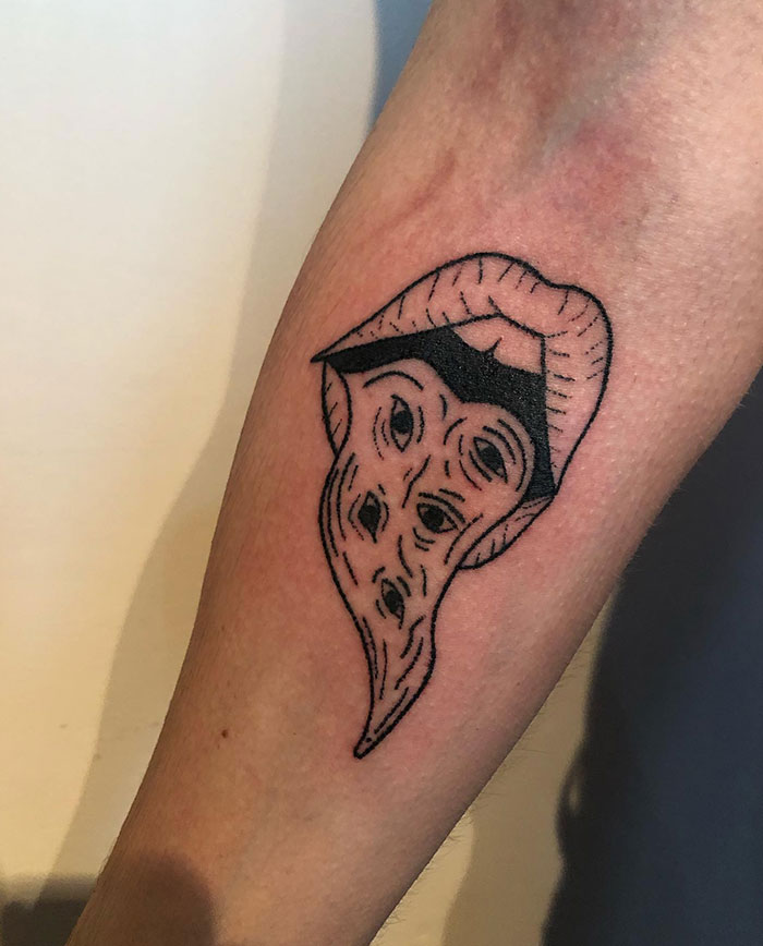  Surreal tattoo ideas for men featuring an abstract design of melting lips with distorted, multiple eyes inside, combining minimal linework with a trippy, thought-provoking aesthetic.