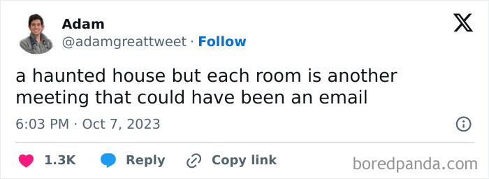 Screenshot of a tweet about work humor, highlighting frustrations of meetings during office breaks.