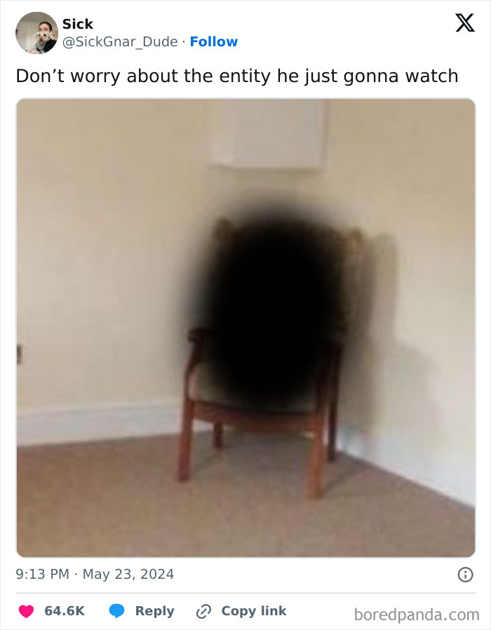 Instagram sadistic meme showing a black vague entity sitting on a wooden chair in a simple room.