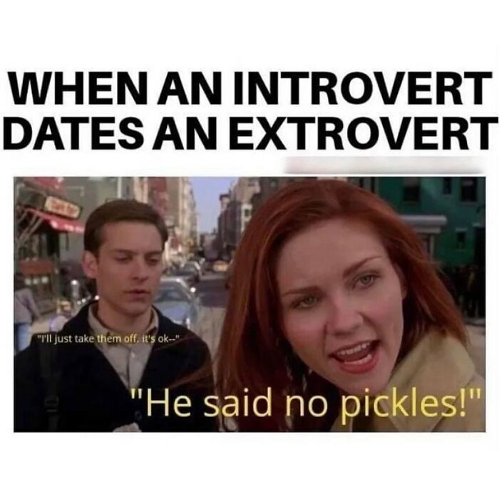 Funny and relatable introvert meme showing awkward dating moment between introvert and extrovert characters.