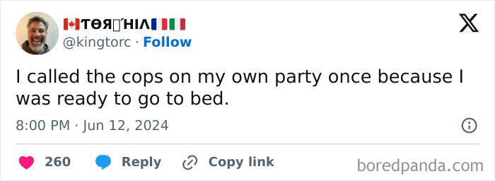 Tweet from a user sharing a funny and relatable introvert meme about calling cops on their own party for wanting to sleep.