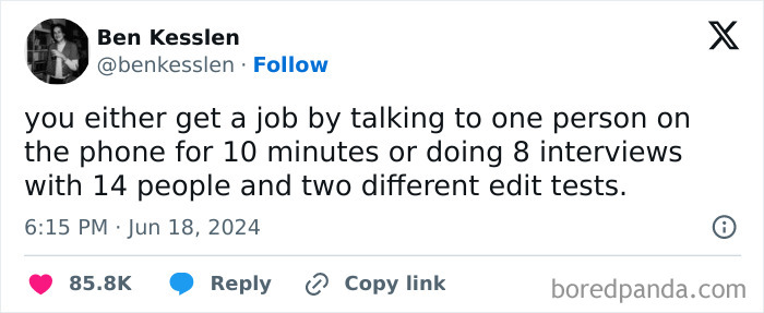 Tweet showing the truth about working, highlighting the challenge of job interviews and tests in a work break moment.