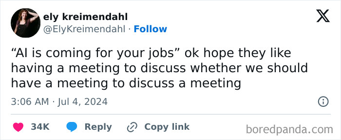 Tweet about work frustrations humorously highlighting repetitive meetings, showing the truth about having to work from a break at work.