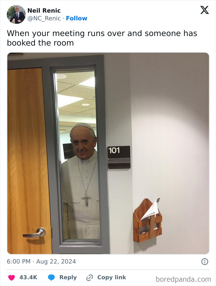 Man in white religious attire peeking through an office door, illustrating the truth about taking a break at work.