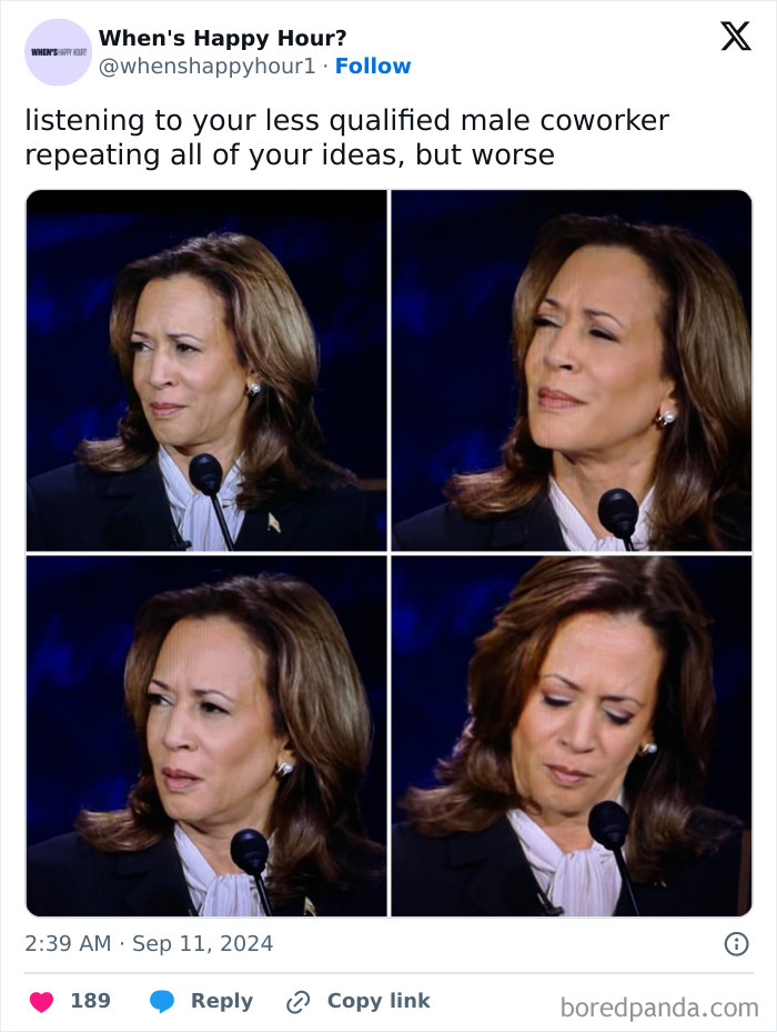 Four-panel image showing a woman’s unimpressed facial expressions about work and coworker frustrations.