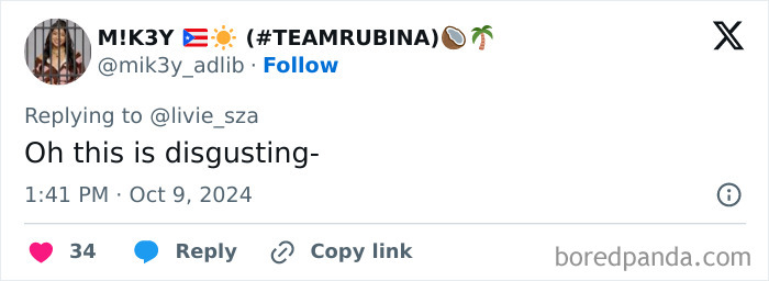 Tweet response calling something "disgusting" related to Sabrina Carpenter's onstage action.