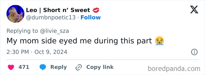Tweet reacting with crying emoji to Sabrina Carpenter's onstage scene criticism.