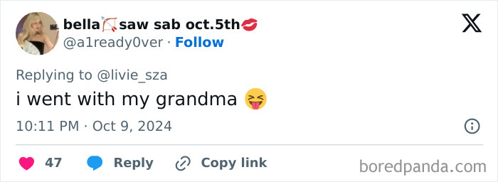 Tweet reaction to Sabrina Carpenter's onstage scene, mentioning attending with a grandma, with emoticon.