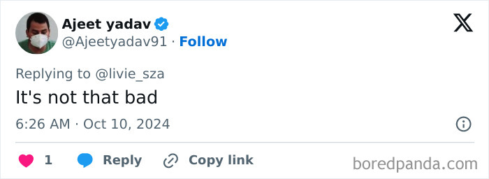Tweet response to Sabrina Carpenter's onstage scene, saying, "It's not that bad.