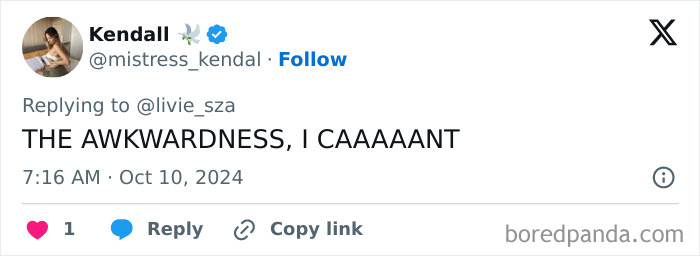 Tweet screenshot reacting to Sabrina Carpenter's onstage X-rated scene, mentioning awkwardness.