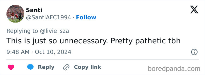 Tweet calling out Sabrina Carpenter for onstage act, describing it as unnecessary and pathetic.