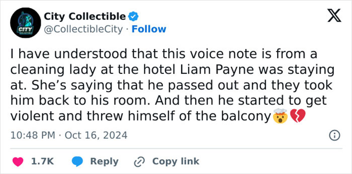 Liam Payne Jumped From Hotel Balcony According To Alleged Voice Memo From Staff