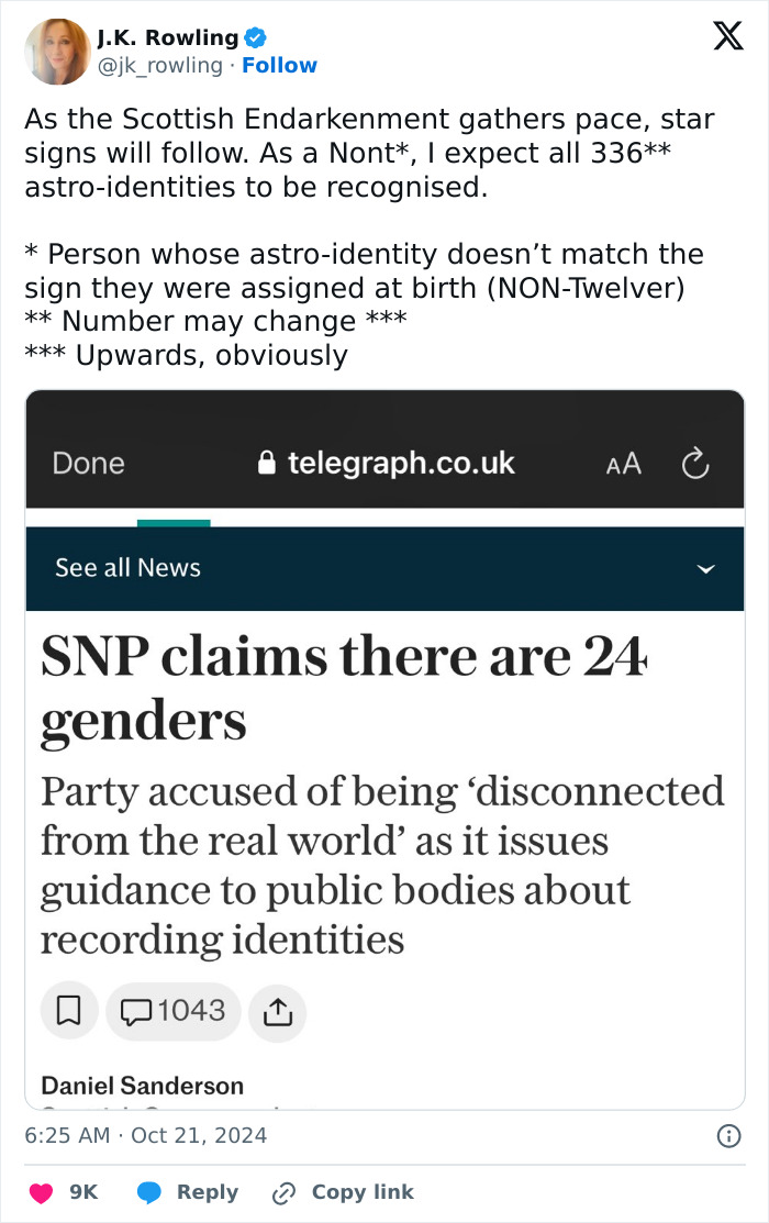 JK Rowling And Elon Musk Mock Scottish Government's List Of 24 Genders, Including &ldquo;Pangender&rdquo;